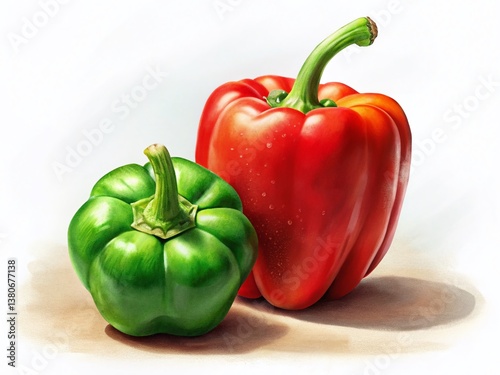 Vintage Style Photo: Red & Green Bell Peppers Isolated on White Background