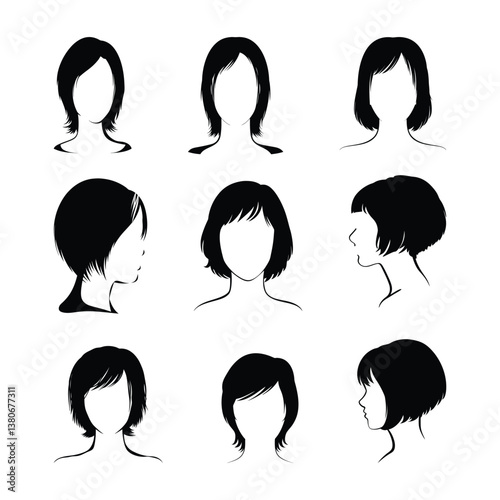 Collection of nine black vector silhouettes of women with various short hairstyles, showcasing modern and stylish haircuts on a white background.