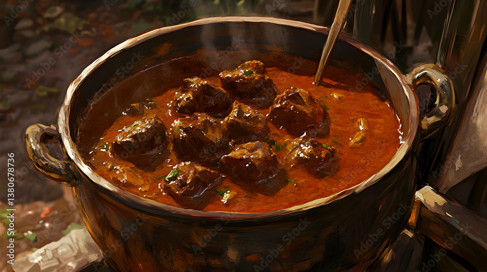 Rich Tomato Sauce with Meatballs Cooking in a Rustic Pot Over a Fire Outdoors