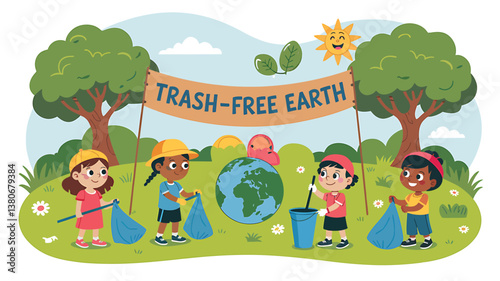 "Children Cleaning Up a Park with Trash-Free Earth Banner – Eco Awareness Illustration" .earth day, earth international day, April 22 earth day