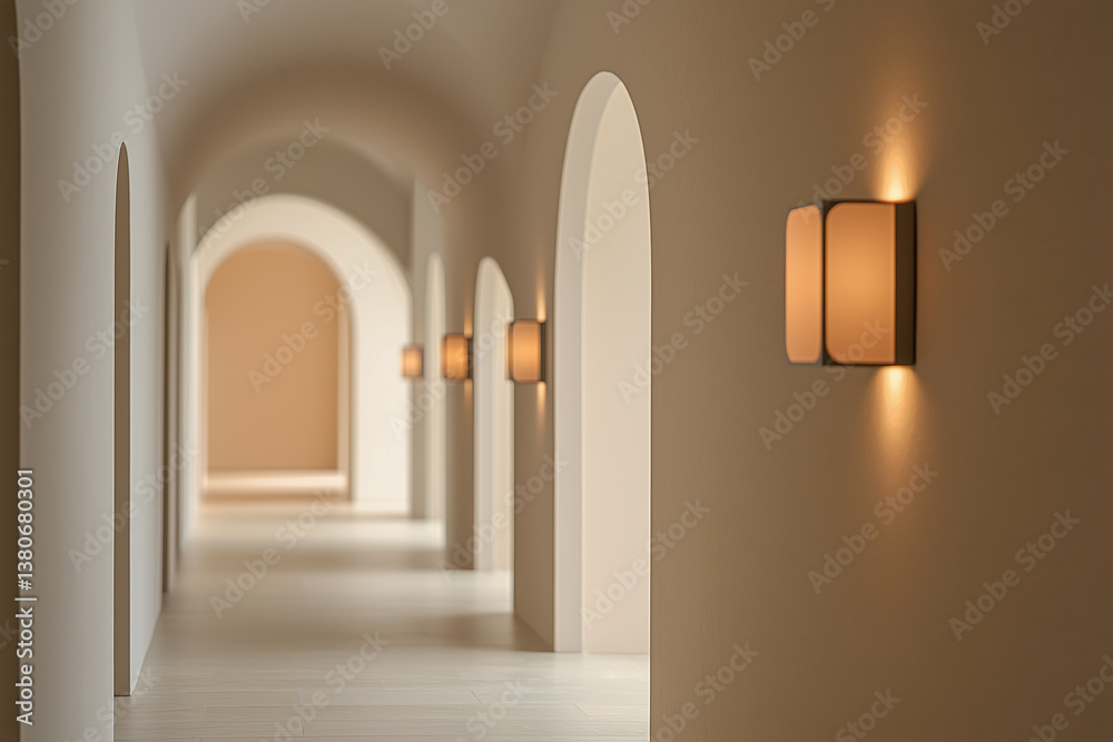 Elegant interior hallway with arched curves and soft neutral tones, featuring modern wall sconces that create warm ambiance. serene and inviting space