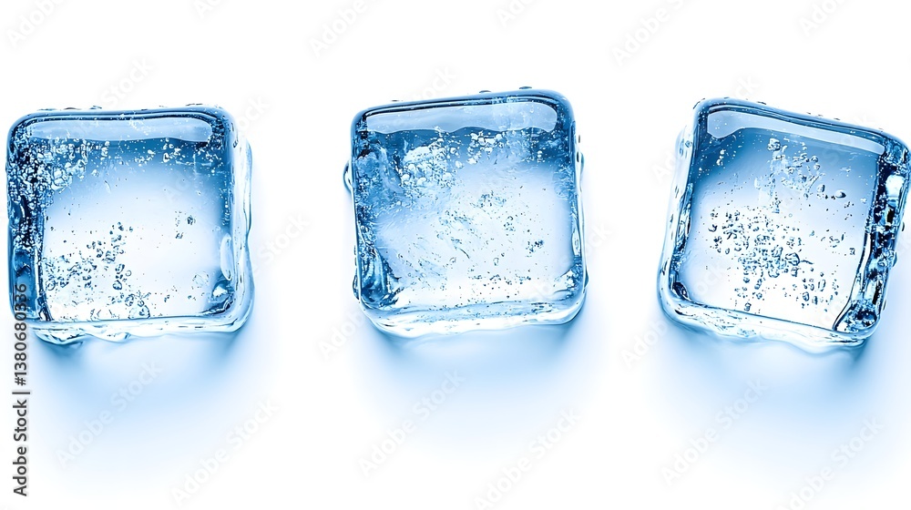 Three Transparent Ice Cubes with Bubbles on a Reflective Surface Highlighting Freshness and Coolness Three Transparent Ice Cubes with Bubbles on a Reflective Surface Highlighting Freshness and Coolness