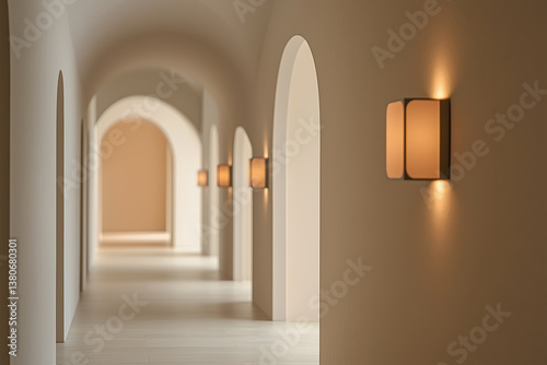Obraz na płótnie Elegant interior hallway with arched curves and soft neutral tones, featuring modern wall sconces that create warm ambiance. serene and inviting space w salonie