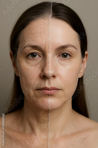Woman demonstrates the process of facial aging before and after. Comparison of healthy skin and wrinkled skin. Concept of anti-aging care and hardware cosmetology.