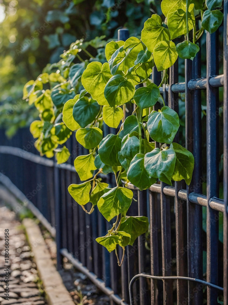 Hedera helix leaves hanging from a fence, nature concept.