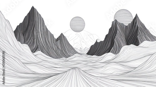 Linear art depicting surreal mountainous landscape photo