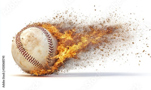 Flaming baseball with dirt trail on white for sports ads