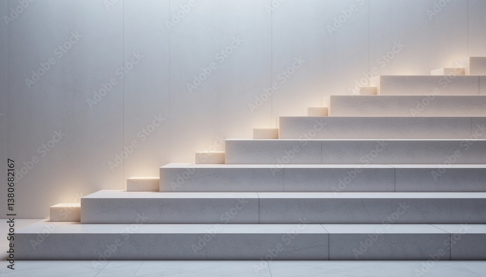 Modern architectural steps leading upward minimalist interior design contemporary gallery bright environment straight-on view concept of ascension Modern architectural steps leading upward minimalist interior design contemporary gallery bright environment straight-on view concept of ascension