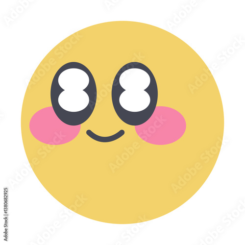 a cute icon, animated yellow smiley face with large, expressive eyes and rosy cheeks. The eyes are oversized with two white, oval-shaped highlights, giving the face a joyful and playful look.