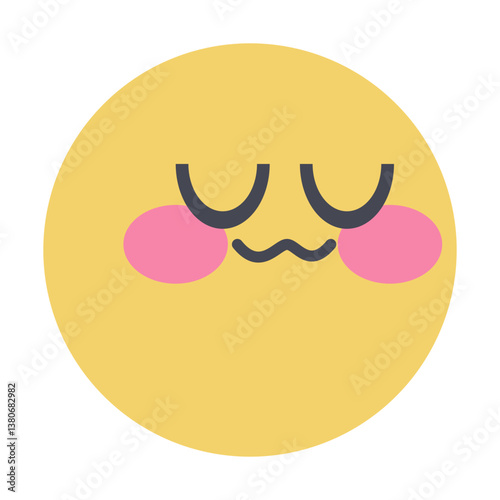  yellow smiley face with closed eyes, conveying a feeling of contentment or shyness. The face has rosy pink cheeks, adding to the warmth and sweetness of the expression with simplistic style.