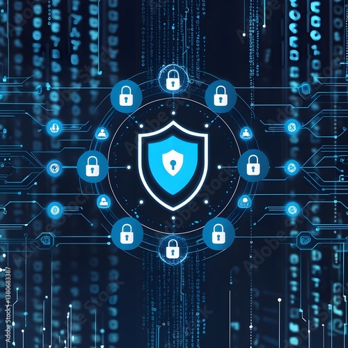 A high-tech cybersecurity interface with a glowing shield icon in the center, surrounded by interconnected digital locks and encrypted data streams. The background features a dark blue matrix of movin