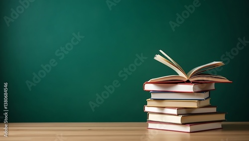 Open book on a stack of books against a green chalkboard background with soft lighting