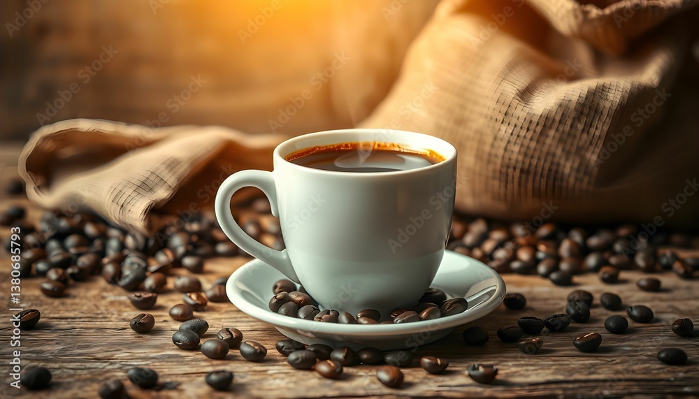 Coffee cup, steaming hot, ceramic mug, coffee beans scattered, burlap sack, rustic wooden table, warm lighting, cozy atmosphere, soft focus background, earthy tones, macro photography Coffee cup, steaming hot, ceramic mug, coffee beans scattered, burlap sack, rustic wooden table, warm lighting, cozy atmosphere, soft focus background, earthy tones, macro photography