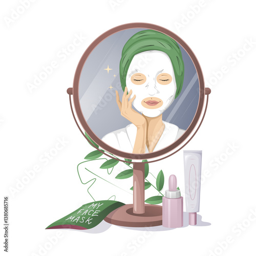Muslim woman applying face mask in mirror illustration