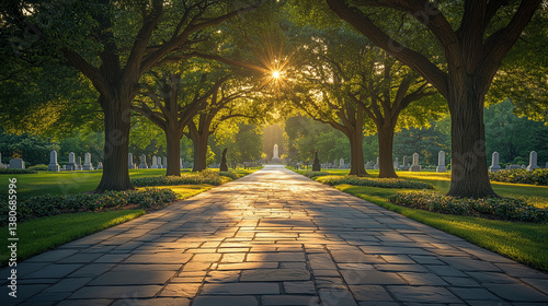 sunlit stone path through cemetery with peace photo