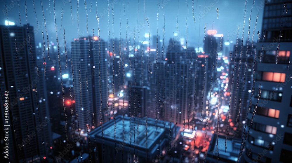 Fototapeta premium Night Cityscape Viewed Through Rainy Window