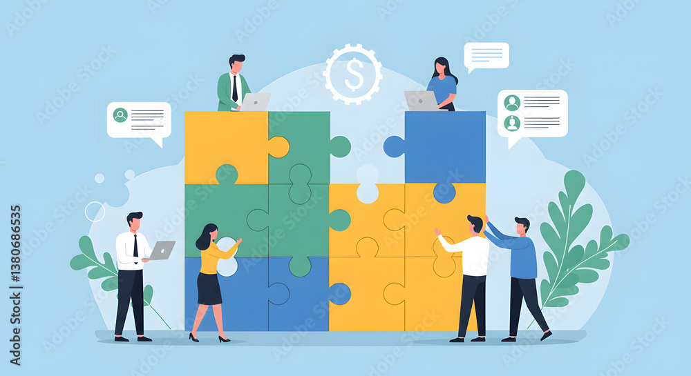 Business Teamwork concept. Contemporary flat style abstract vector illustration of a company of diverse people putting together a huge puzzle details Business Teamwork concept. Contemporary flat style abstract vector illustration of a company of diverse people putting together a huge puzzle details