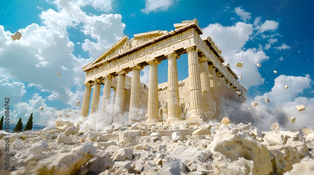 Obraz premium Destruction of the Parthenon Ruins Under Dramatic Sky with Clouds in Greece