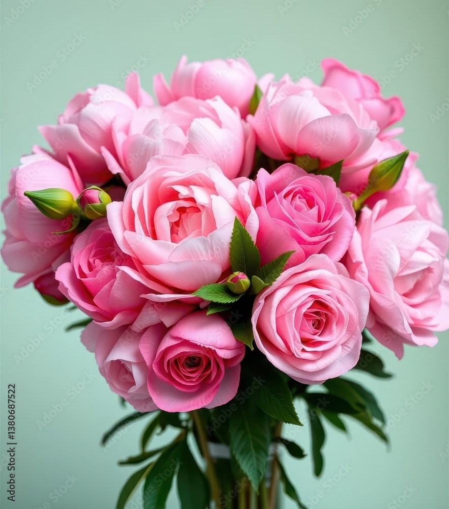 Vibrant pink peonies and roses bouquet, copy space, pink roses, template Vibrant pink peonies and roses bouquet, copy space, pink roses, template