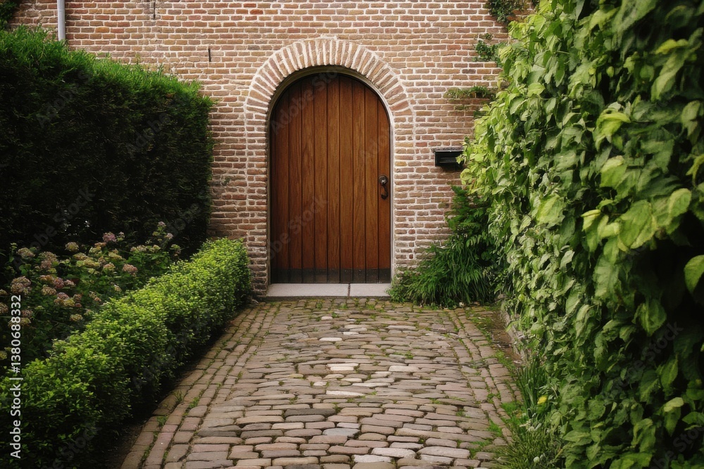 Fototapeta premium Charming garden pathway leading to a wooden door with brick arch, surrounded by lush greenery in a serene outdoor setting