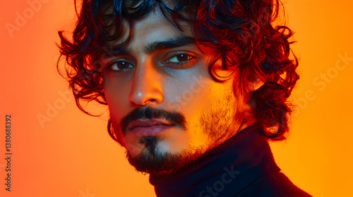Young Man with Curly Hair in Close-Up Portrait Against a Vibrant Orange Background