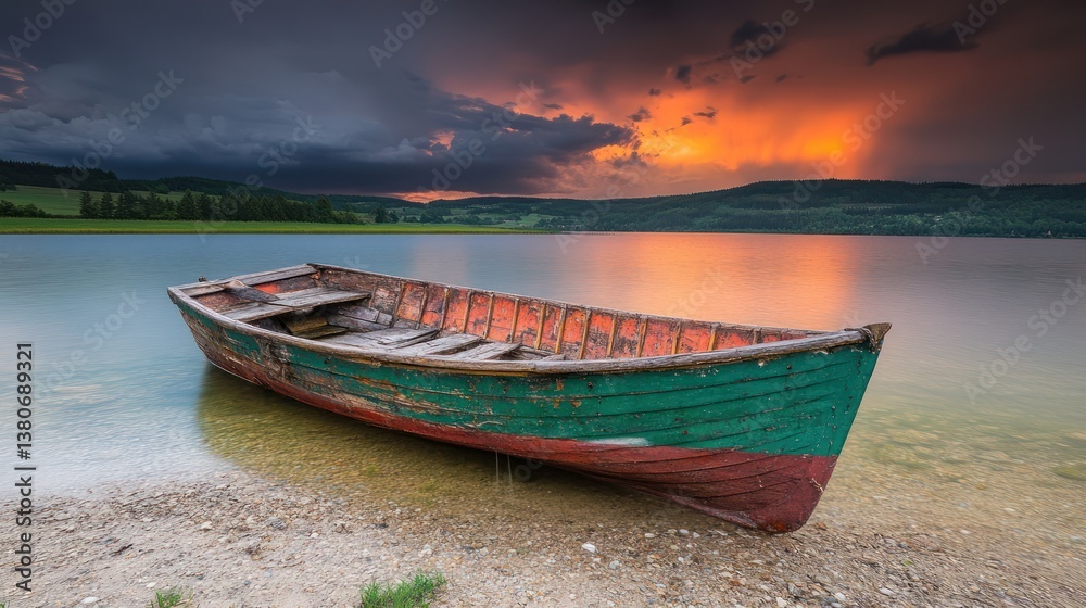 Sunset storm lake boat shore tranquility nature landscape Sunset storm lake boat shore tranquility nature landscape