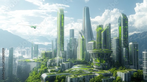 Visionary metropolis of tomorrow intertwined with vibrant green vegetation and blue sky