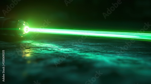 High-speed laser scanner creating a sweeping arc of vivid green light, soft ambient glow highthe motion path, extreme precision in