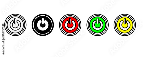 Power button. ON and OFF set icons. Vector black and flat icon, energy sing symbol, Power switch, electricity turn on off, icon, sticker, badge. Editable vector icon set