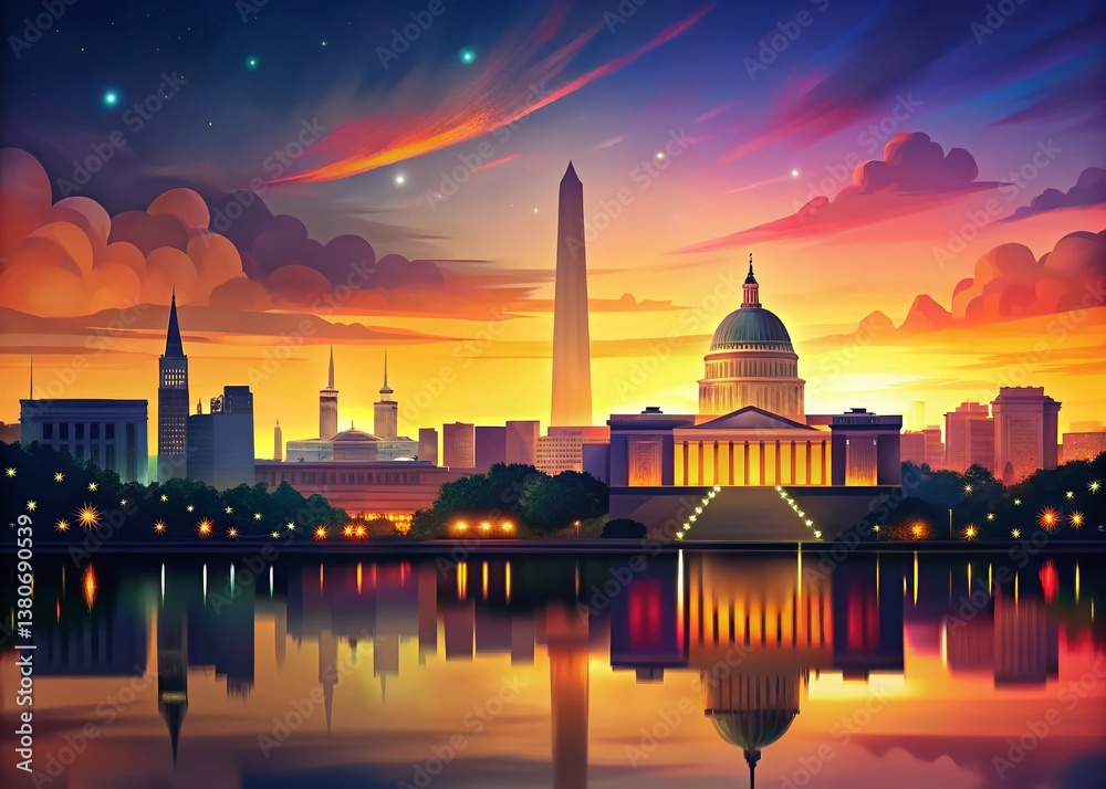 Fototapeta premium Washington DC Skyline at Dusk, Bokeh Lights, Cityscape Illustration