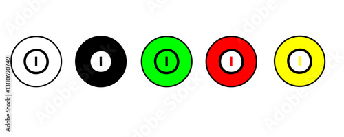 Power button. ON and OFF set icons. Vector black and flat icon, energy sing symbol, Power switch, electricity turn on off, icon, sticker, badge. Editable vector icon set