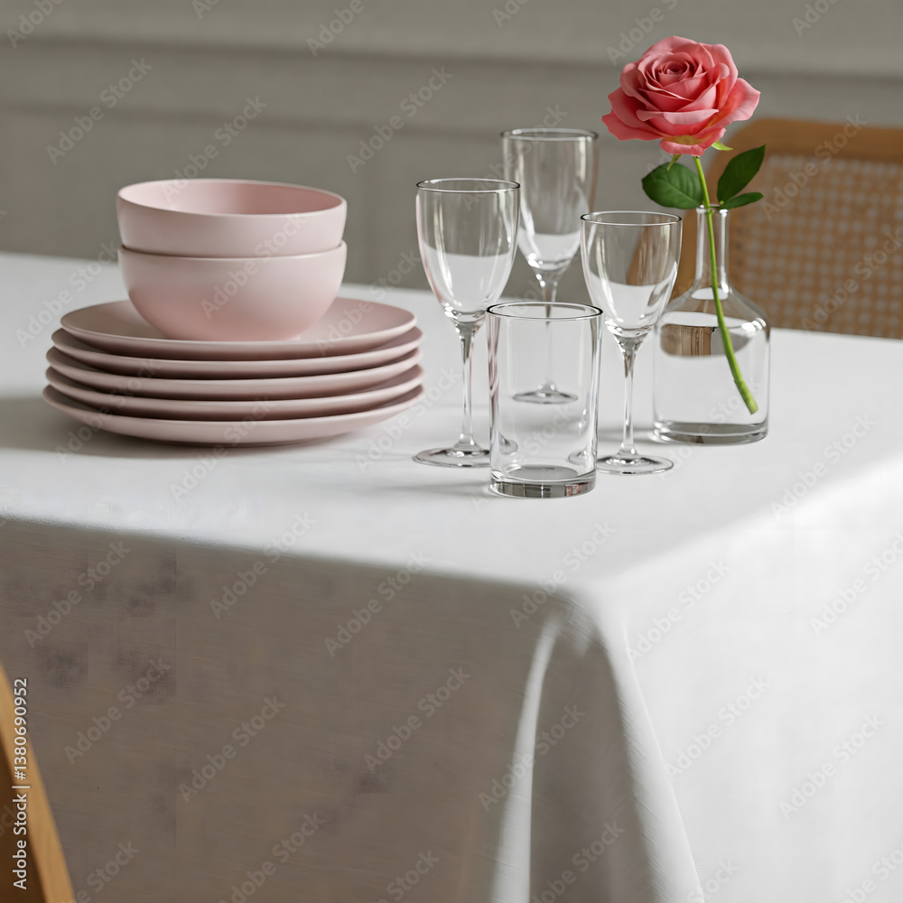 A table setting with pink plates, glasses, and a pink rose in a clear vase against a white tablecloth A table setting with pink plates, glasses, and a pink rose in a clear vase against a white tablecloth