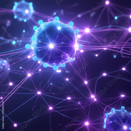 An abstract representation of an AI neural network, with glowing blue and purple nodes connected by dynamic light trails. The intricate web of connections symbolizes deep learning, big data processing