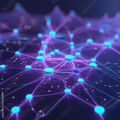 An abstract representation of an AI neural network, with glowing blue and purple nodes connected by dynamic light trails. The intricate web of connections symbolizes deep learning, big data processing