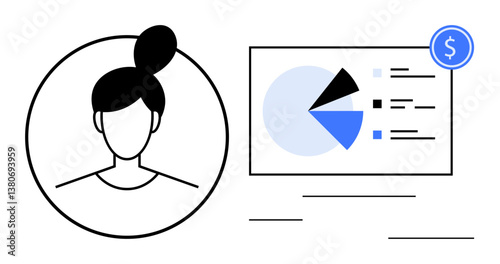 Female silhouette profile next to data visualization of pie chart, annotations, and monetary icon. Ideal for business, analytics, financial planning, reporting, personal finance, user management