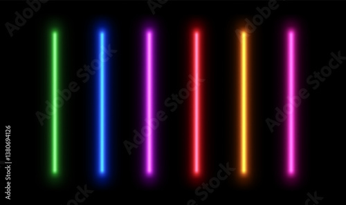 Neon led line light. Glow laser stripe. Electric beam divider. Set of stick lamps for game design isolated on black background.