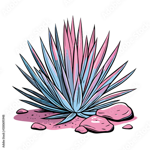 Agave plant illustration with pink and blue leaves