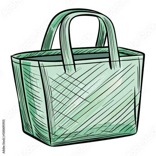 Green reusable shopping bag illustration in sketch style