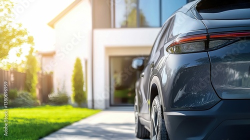 Wallpaper Mural A sleek, gray car is parked in front of a modern house on a sunny day, showcasing luxury living. Torontodigital.ca