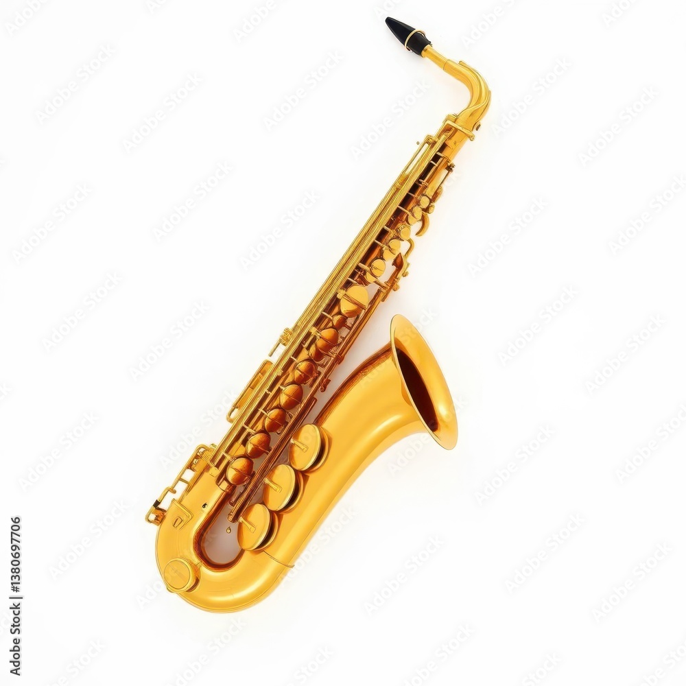 Naklejka premium Gleaming gold saxophone, pristine white backdrop, rhythm, isolated, design