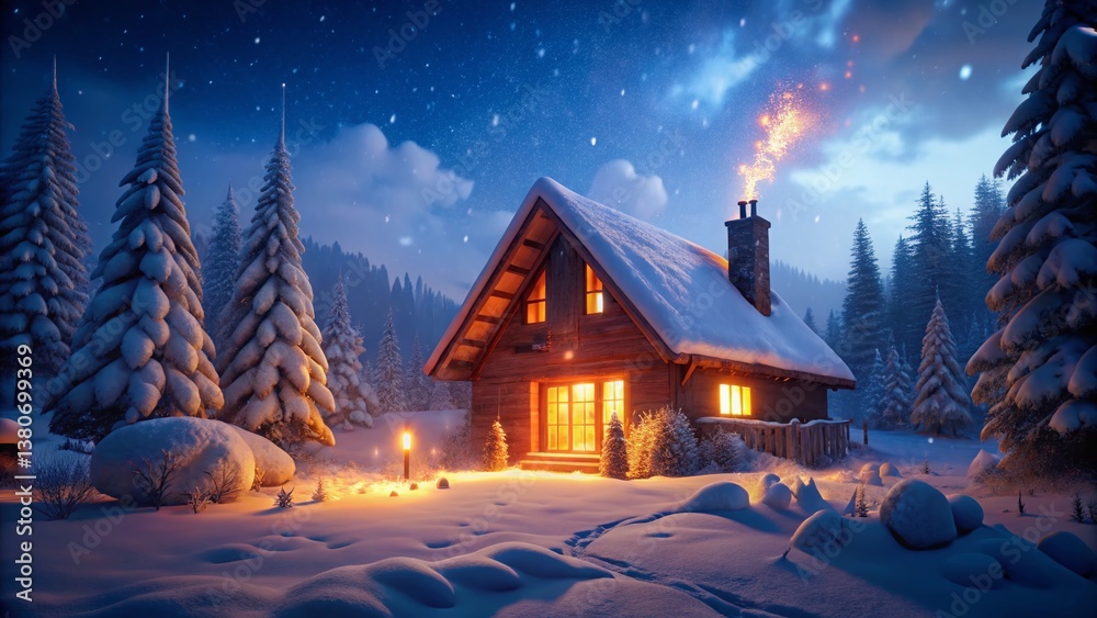 Fototapeta premium Winter Night Warmth: Cozy Cabin Glow in Snowy Landscape