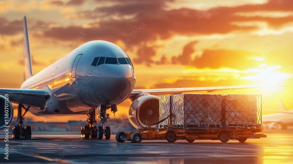 Fototapeta premium A commercial cargo plane sits on the tarmac at sunset while being loaded with freight.