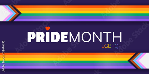 Happy Pride Month. Horizontal simple template for social media posts, banners, backgrounds. LGBTQIA. Background with progress pride flags for festival parades, parties, and events. Vector illustration