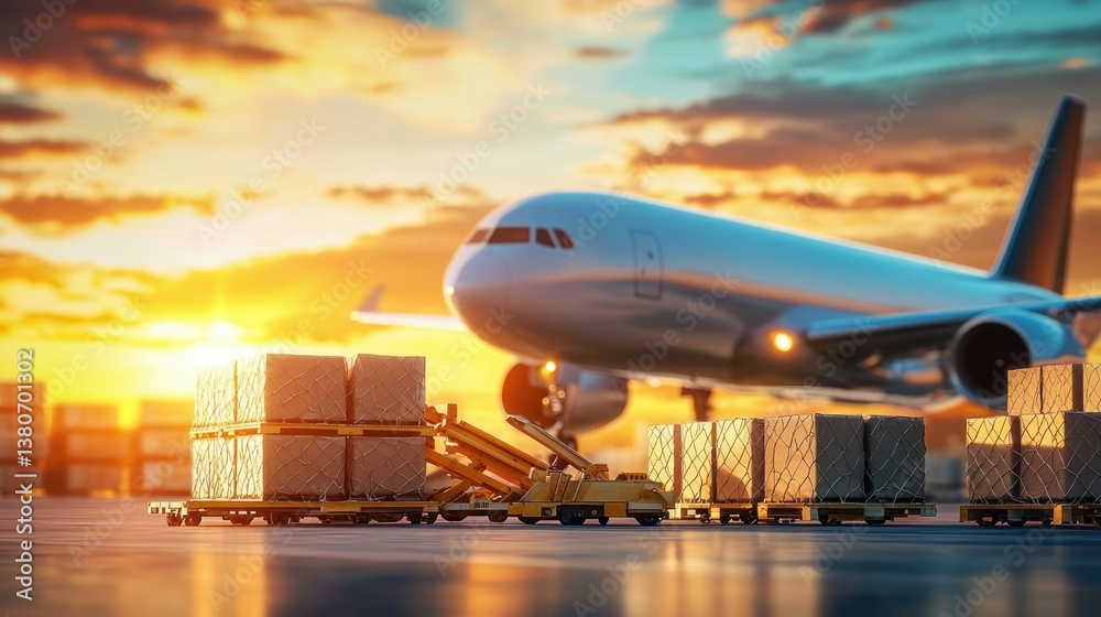 Naklejka premium A cargo plane is loaded with packages ready for departure at sunset, optimizing logistics.