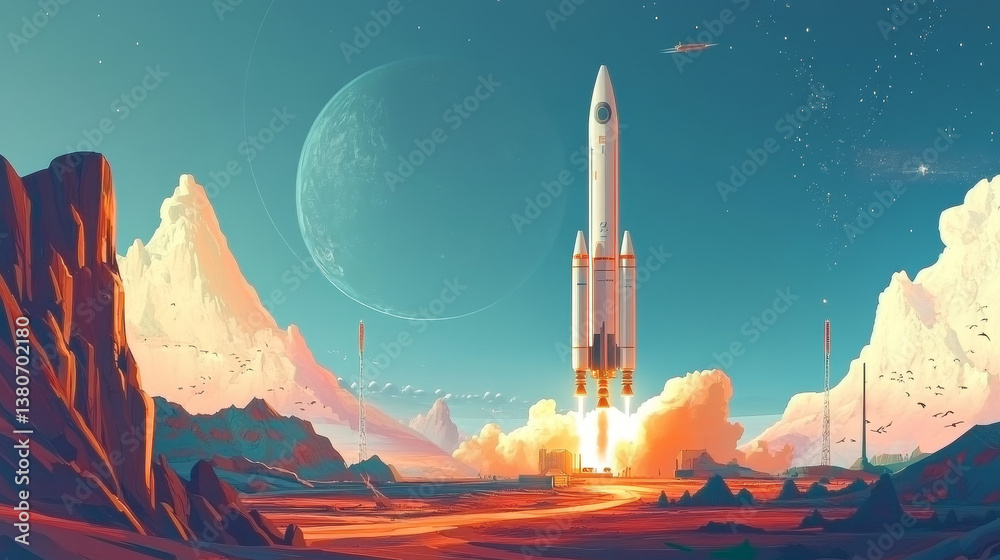 Fototapeta premium Space rocket launch, Rocket product cover, Startup creative idea, Vector illustration