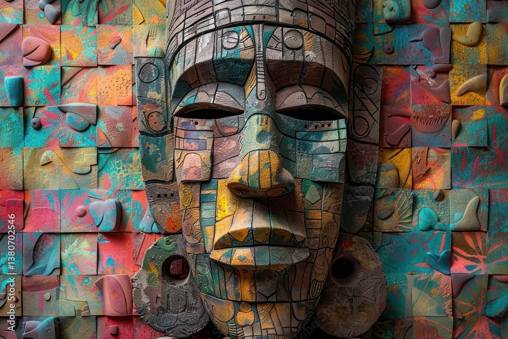 Fototapeta premium Colorful mosaic mask on vibrant wall art
