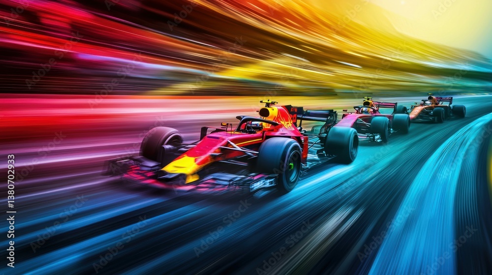 Formula one race cars speeding through the track with a blur effect showing the speed.