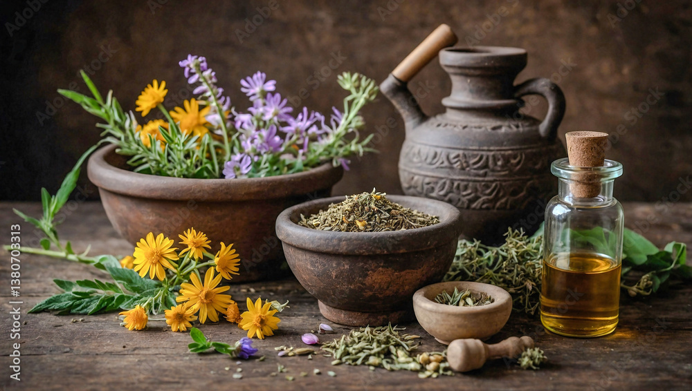 Herbal medicine, natural oil, and flowers in a mortar