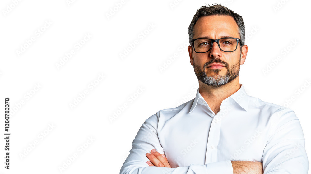 Portrait of a man wearing glasses and white shirt, posing confidently Portrait of a man wearing glasses and white shirt, posing confidently