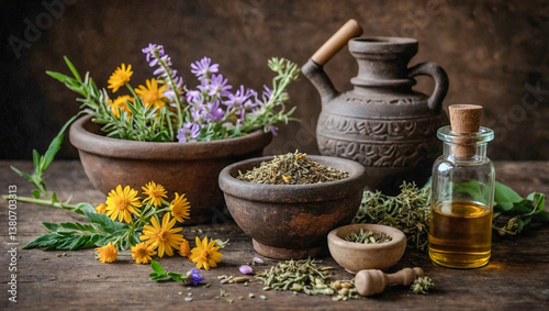 Obraz na płótnie Herbal medicine, natural oil, and flowers in a mortar w salonie